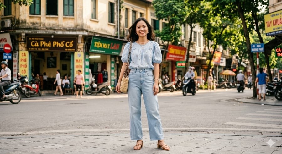 Quần jeans ống rộng kết hợp áo blouse tạo nên vẻ ngoài nữ tính, nhẹ nhàng nhưng vẫn rất thời trang.