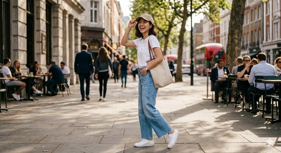 Công thức áo thun + jeans ống rộng luôn là lựa chọn an toàn cho phong cách năng động, trẻ trung.