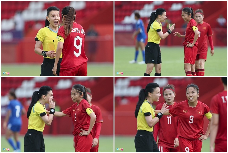 Huỳnh Như vỗ vai trọng tài sau khi bị nhắc nhở - Bóng Đá