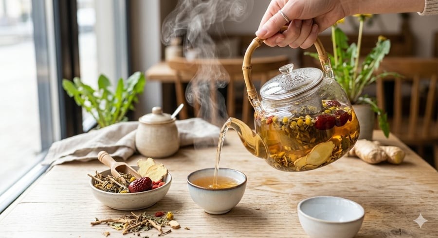 Nước bồ công anh kết hợp gừng mang lại cảm giác ấm bụng, dễ chịu.