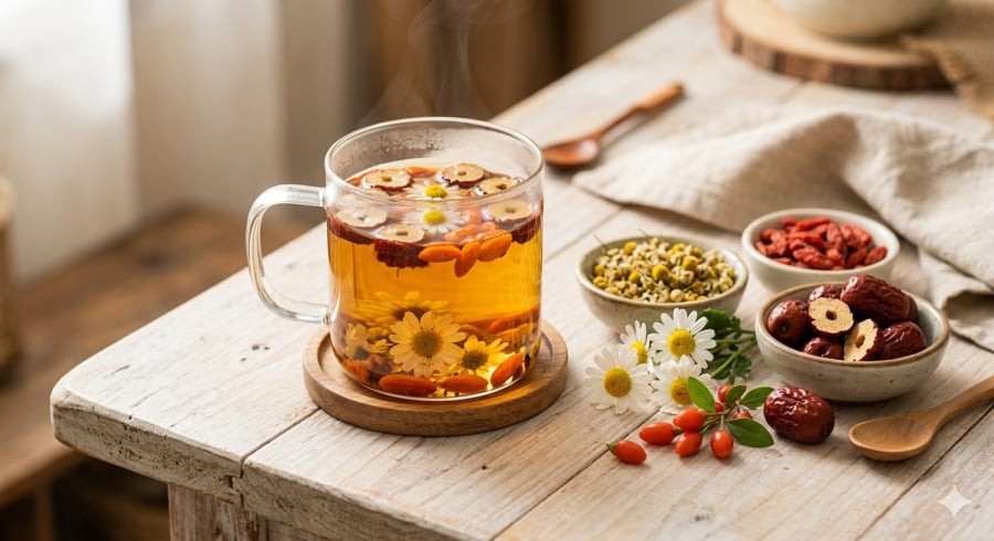 Trà hoa cúc – kỷ tử – táo đỏ có vị thanh nhẹ, dễ uống mỗi ngày.