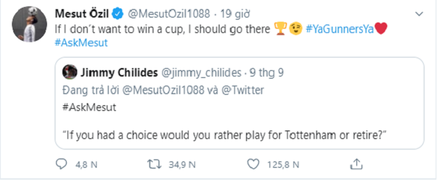 Mesut Ozil sends Arsenal fans into meltdown with savage tweet about why he would never join Tottenham - Bóng Đá