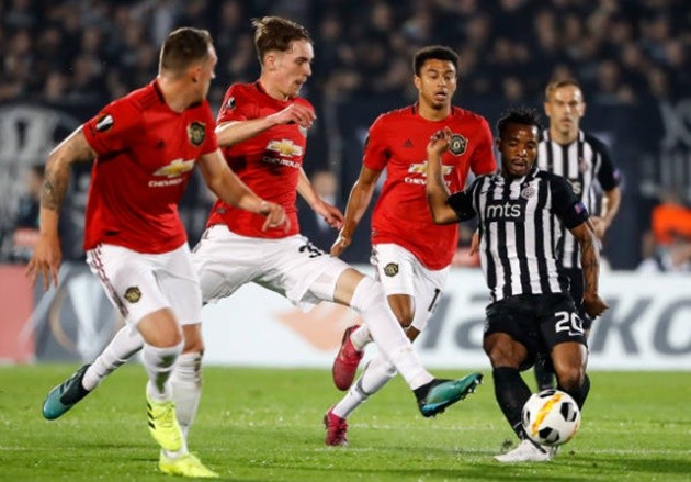 Ảnh Maguire bị cầu thủ Partizan lừa qua ngã sõng soài - Bóng Đá