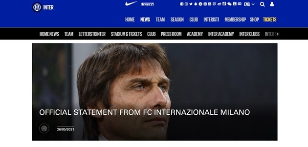 CHÍNH THỨC: Antonio Conte chia tay Inter Milan - Bóng Đá