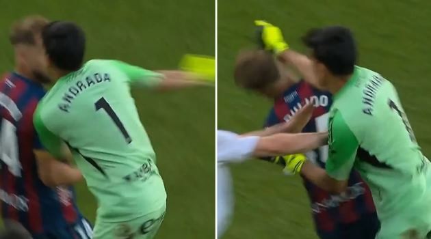  Andrada của Zaragoza đấm thẳng vào mặt đội trưởng Jorge Pulido bên phía Huesca.