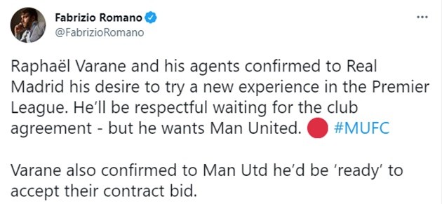 Xác nhận: Varane gửi thông điệp quan trọng cho Man Utd, bom tấn đến gần - Bóng Đá
