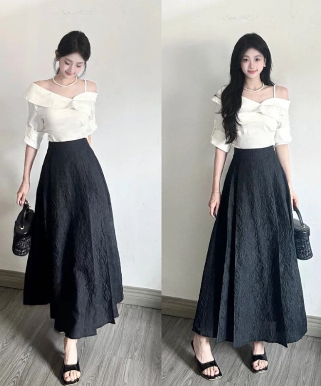 Chân váy dài, dù là dáng xòe hay suông, đều mang đến nét nữ tính rõ rệt. 