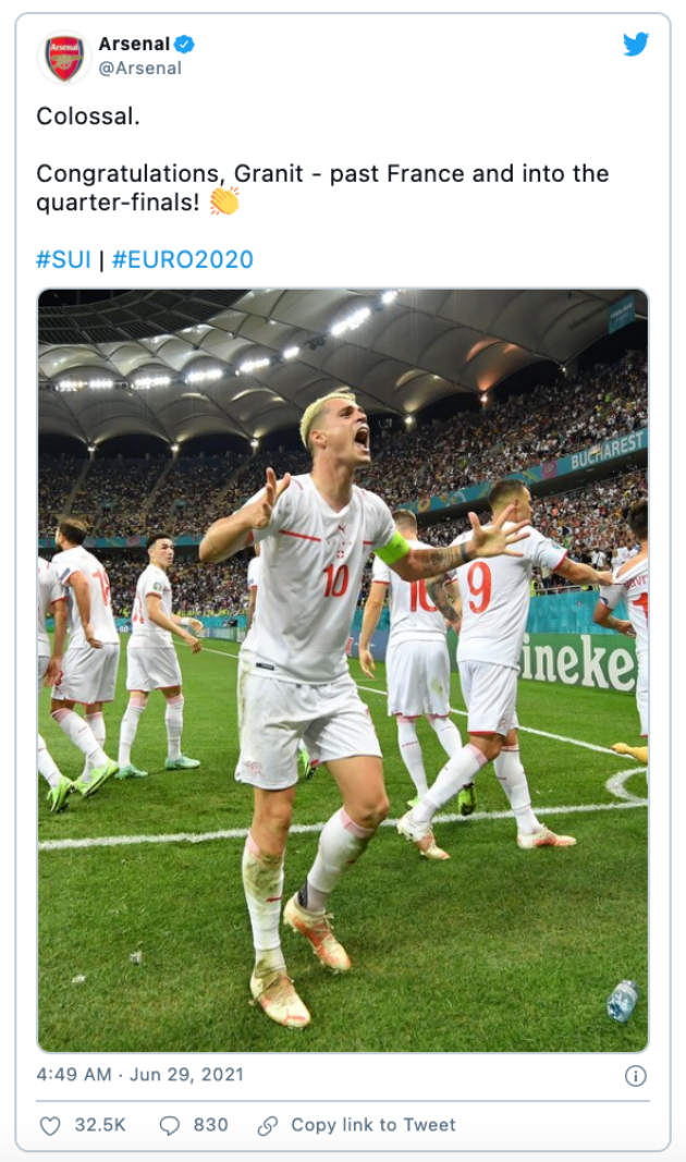 Thụy Sĩ loại Pháp, trang chủ Arsenal dùng đúng 1 từ miêu tả Xhaka - Bóng Đá