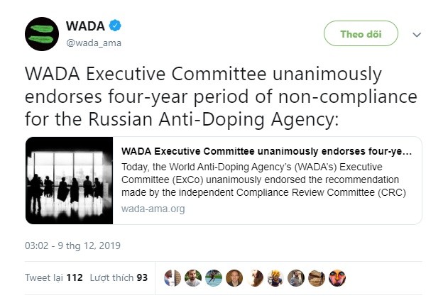 OFFICIAL: Russia have been handed a four-year ban from all global sports by the World Anti-Doping Agency - Bóng Đá