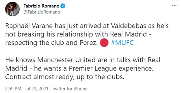 Raphaël Varane has just arrived at Valdebebas as he’s not breaking his relationship with Real Madrid - Bóng Đá