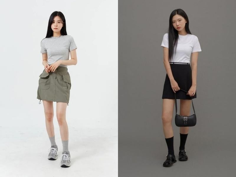 Khi kết hợp cùng chân váy chữ A, đặc biệt là dáng ngắn hoặc midi, tổng thể sẽ cân bằng và dễ mặc hơn.