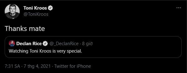 Declan Rice: Watching Toni Kroos is very special. - Bóng Đá