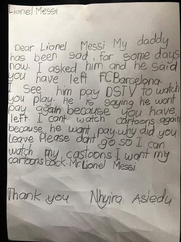Nhyira Asiedu: Ghanaian girl writes emotional letter to Lionel Messi; begs him to go back to Barcelona  - Bóng Đá