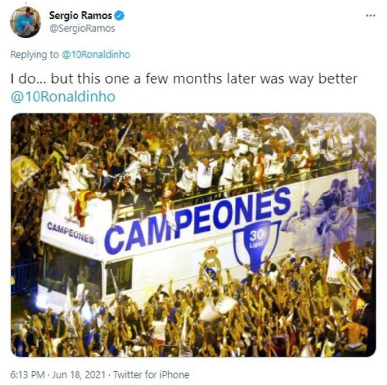 Ronaldinho khiêu khích, Sergio Ramos có lời đáp trả - Bóng Đá