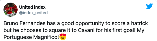 Manchester United fans react as Bruno Fernandes shows selfless side to assist Edinson Cavani - Bóng Đá