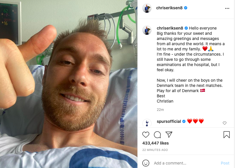 Eriksen: Hello everyone Big thanks for your sweet and amazing greetings and messages from all around the world. - Bóng Đá