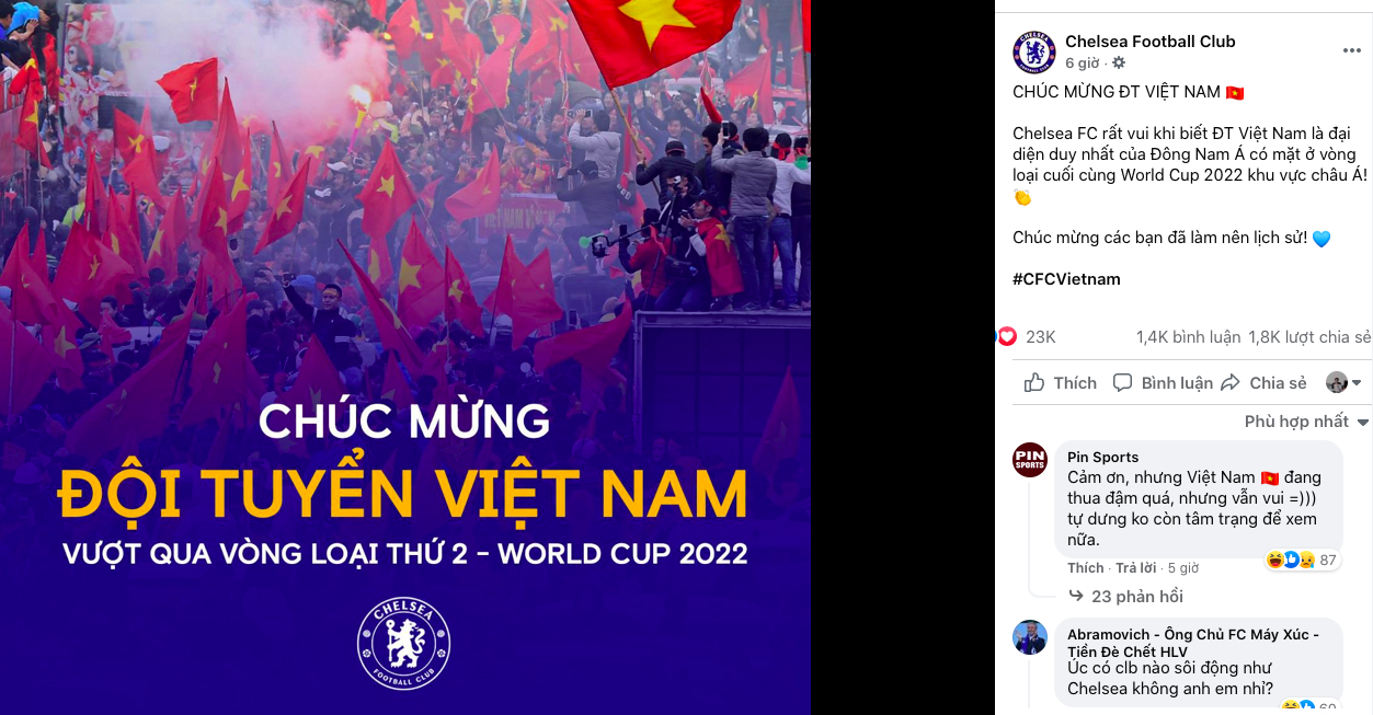 Chelsea chúc mừng Việt Nam giành vé đi tiếp ở VL World Cup - Bóng Đá