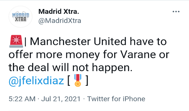 Manchester United have to offer more money for Varane or the deal will not happen.  - Bóng Đá