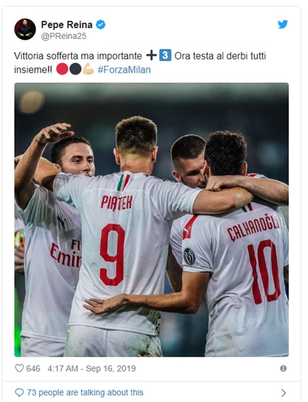 Pepe Reina nhắn gửi các đồng đội tại AC MIlan - Bóng Đá