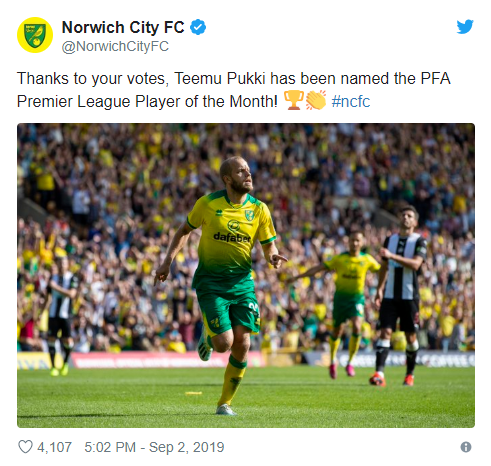 Teemu Pukki - Player of the month Premier League  - Bóng Đá