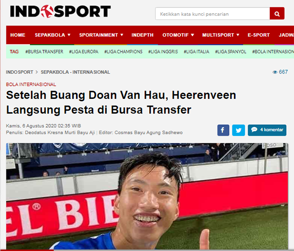 Báo Indonesia cay cú, mỉa mai việc Đoàn Văn Hậu chia tay SC Heerenveen - Bóng Đá