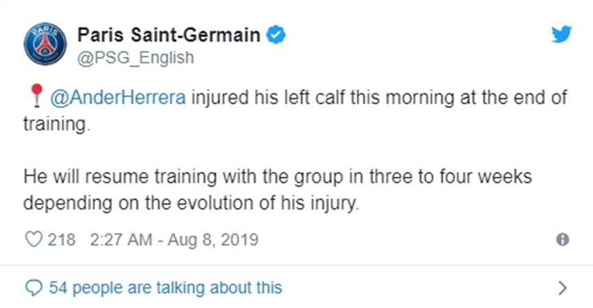 PSG's Herrera out 3-4 weeks with calf injury - Bóng Đá