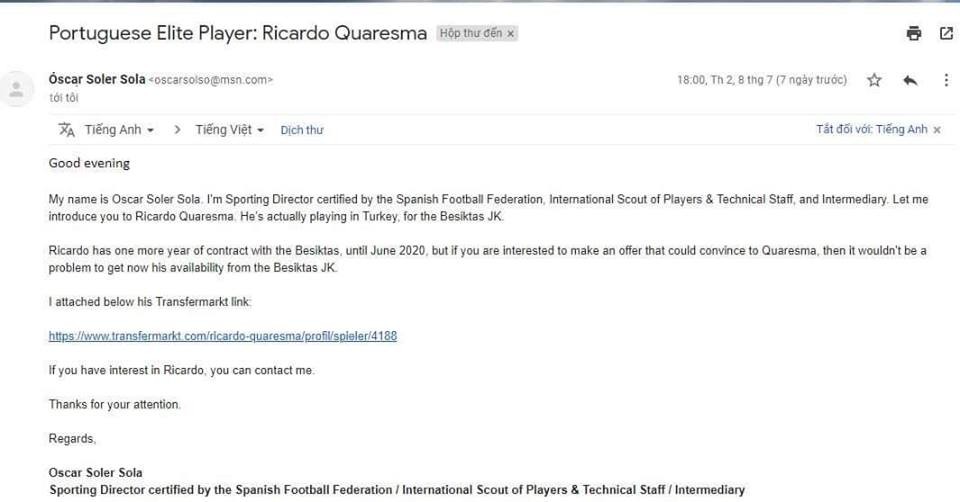 Sau Hà Nội, Ricardo Quaresma còn 