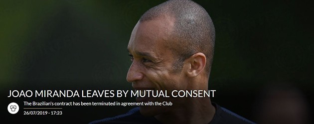 Official: Miranda to Jiangsu Suning - Bóng Đá