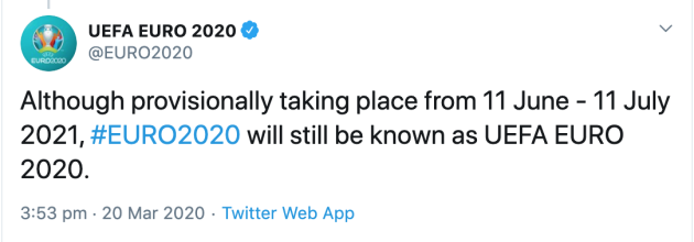 No decision made on rearranged Euro 2020 name as Uefa apologise for 'tweet sent by mistake' - Bóng Đá