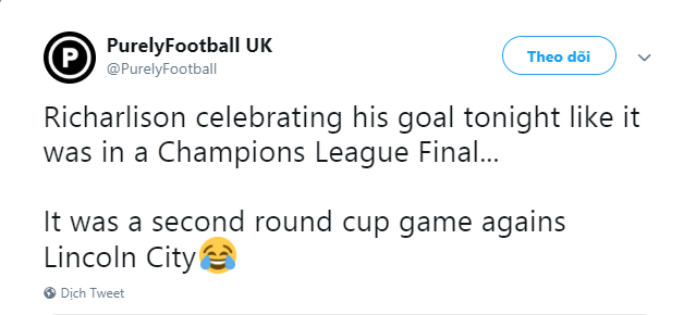 Richarlison messes up Messi celebration in Everton's late Carabao Cup win over Lincoln - Bóng Đá