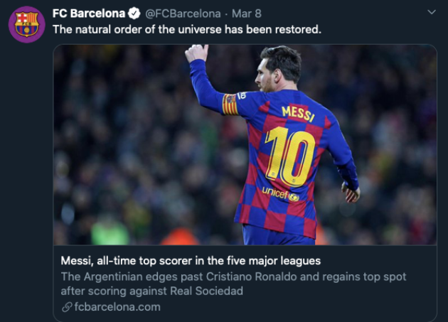 Barcelona's official Twitter trolls Cristiano Ronaldo after Lionel Messi breaks goal record - Bóng Đá
