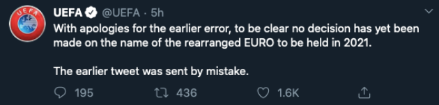 No decision made on rearranged Euro 2020 name as Uefa apologise for 'tweet sent by mistake' - Bóng Đá