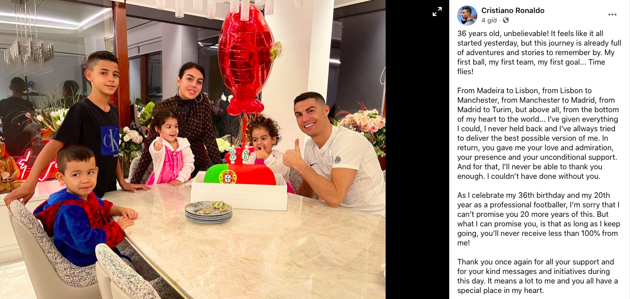 Đón sinh nhật tuổi 36 bên gia đình, Ronaldo không hứa sẽ chơi bóng thêm... 20 năm nữa - Bóng Đá