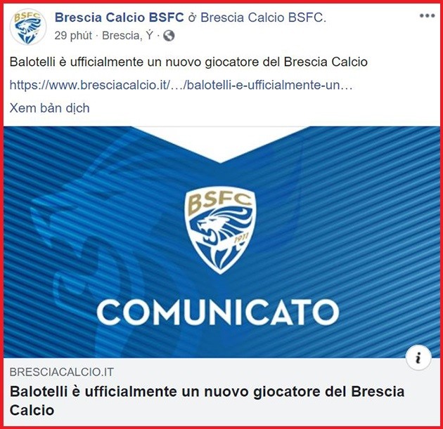 CHÍNH THỨC: 'Cậu bé hư' nước Ý đầu quân cho Brescia - Bóng Đá