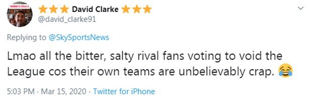 Sky Sports - Hơn 50% khảo sát muốn hủy kết quả NHA - Bóng Đá