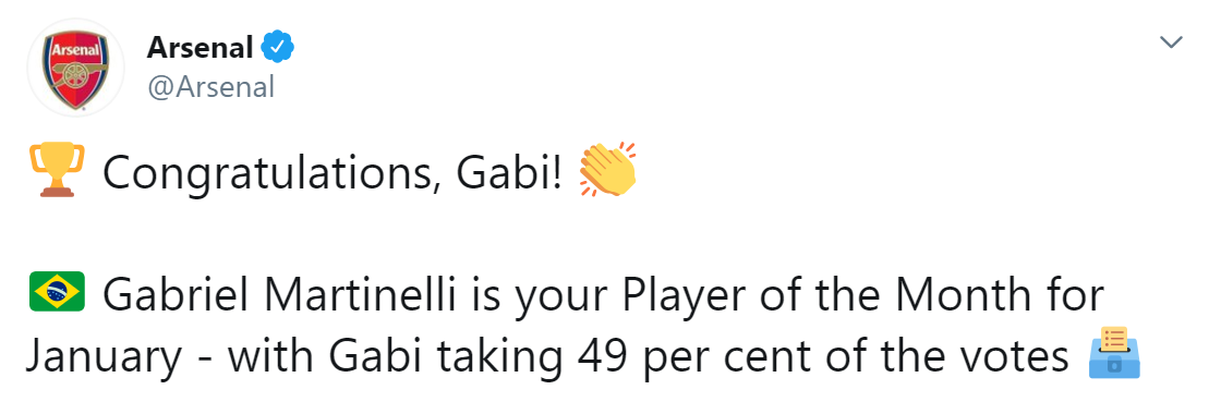 Martinelli trở thành cầu thủ hay nhất tháng 1 của Ars - Bóng Đá