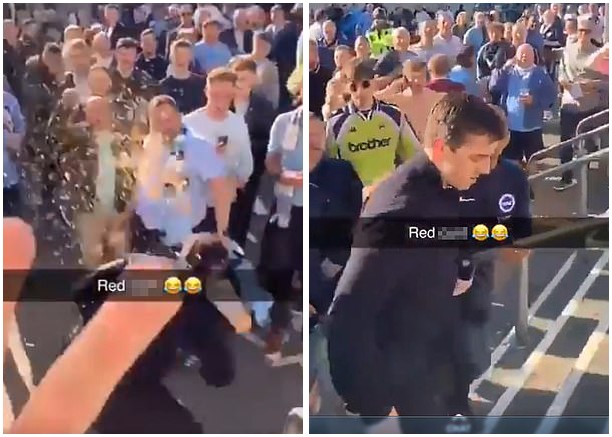 Gary Neville has a pint launched at his head outside the Amex  - Bóng Đá