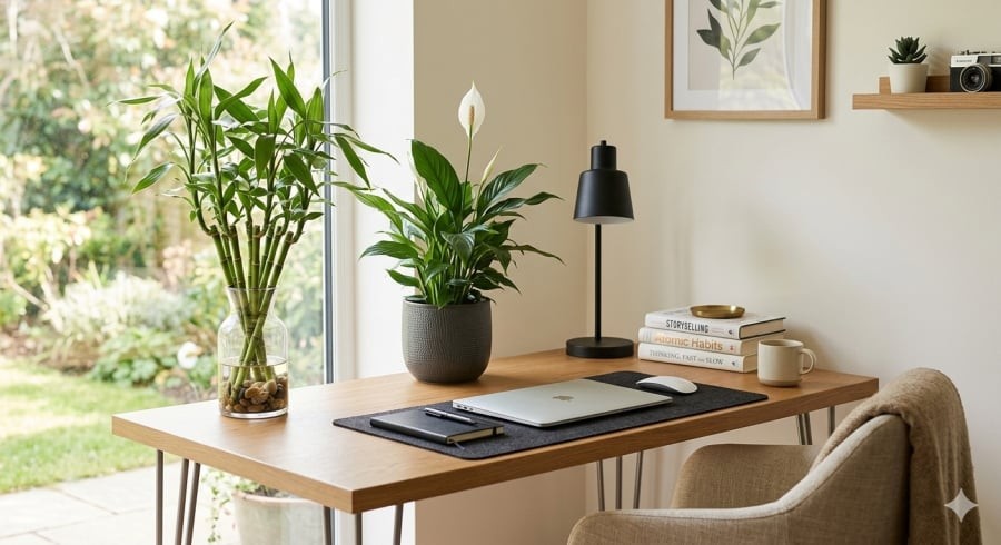 Trúc phát tài kết hợp lan ý giúp không gian làm việc trở nên thư giãn và giàu cảm hứng.