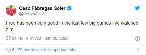 Cesc Fabregas praises Fred after performance for Manchester United in Carabao Cup exit - Bóng Đá