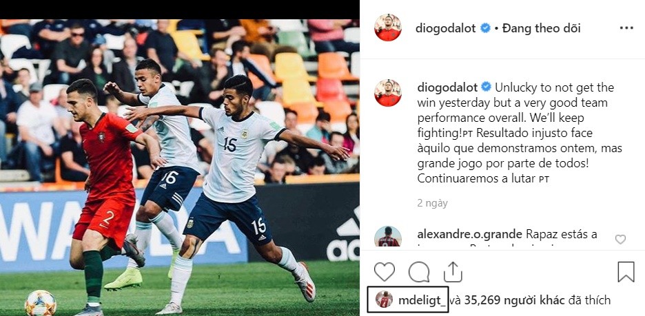 De Ligt bấm thích Instagram Dalot - Bóng Đá