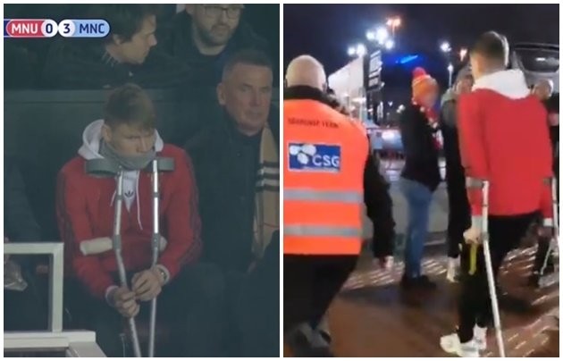 Manchester United midfielder Scott McTominay pictured on crutches after injury - Bóng Đá