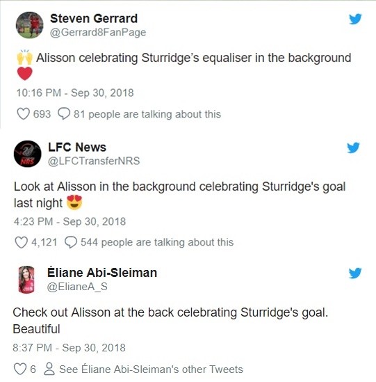 CĐV Liverpool phấn khích vì Alisson ăn mừng bàn Sturridge - Bóng Đá