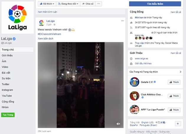 Facebook chính thức của La Liga đăng tải không khí El Clasico ở VN - Bóng Đá