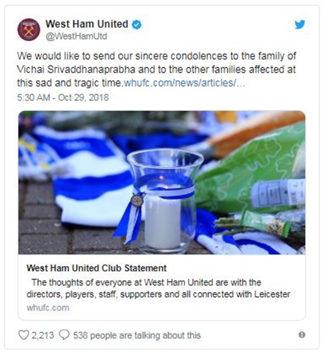 Chủ tịch Leicester qua đời, các đội bóng Premier League cùng thể hiện lòng tri ân - Bóng Đá