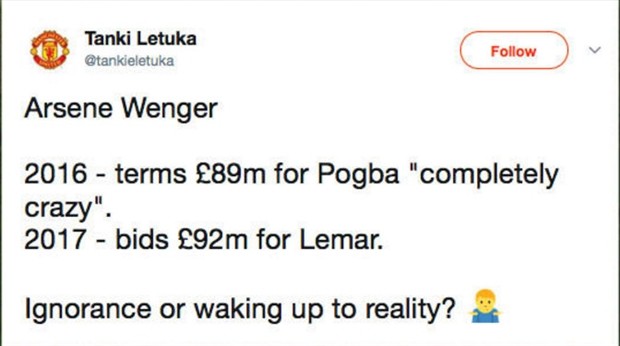 Fan Man Utd chế nhạo Arsenal vì mức giá 100 triệu euro cho Lemar - Bóng Đá