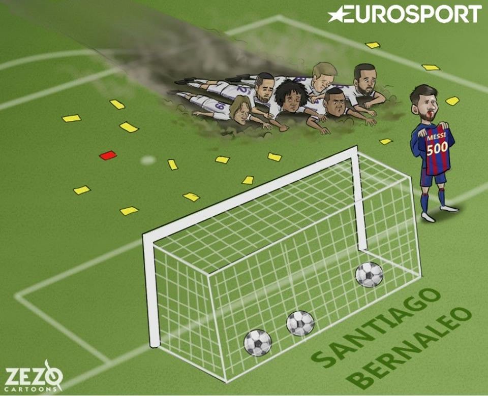 Biếm họa Messi mồm đầy máu, đứng cắm cờ ngạo nghễ trên đầu Real - Bóng Đá
