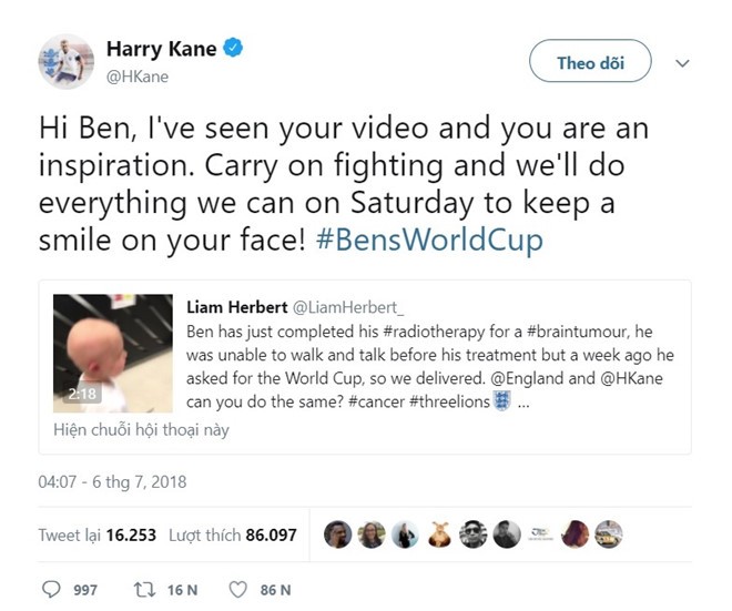 Harry Kane hứa chiến thắng Thụy Điển để làm quà tặng cậu bé bị ung thư - Bóng Đá