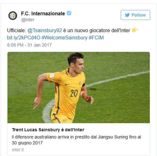 CHÍNH THỨC: Inter Milan đón trung vệ từ Trung Quốc - Bóng Đá