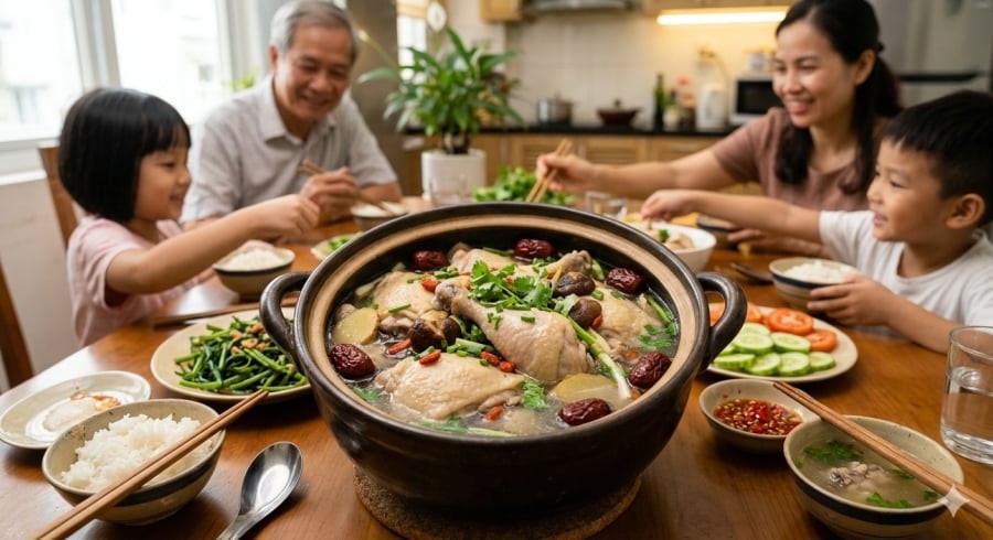 Canh gà hầm – món ăn quen thuộc giúp cơ thể phục hồi trong những ngày mệt mỏi.