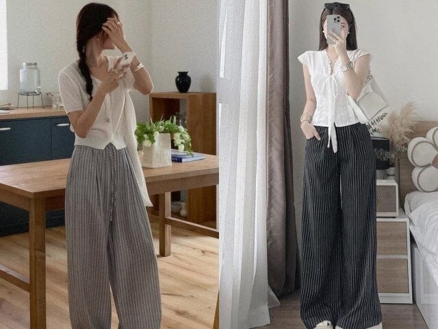 Vì áo trắng vốn tối giản, nên việc kết hợp với quần có họa tiết giúp tổng thể trở nên nổi bật mà không gây rối mắt. 